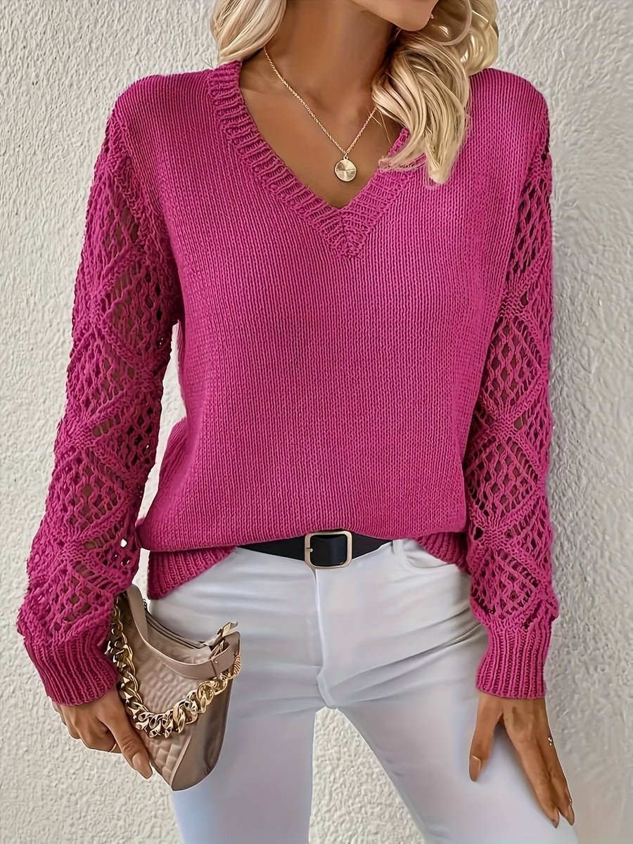 Ilsa-Rae Open Knit Sleeve V-Neck Sweater
