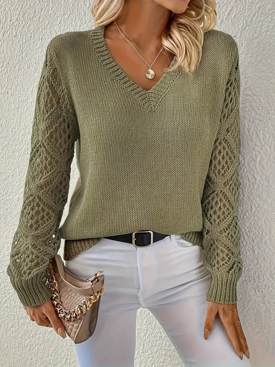 Ilsa-Rae Open Knit Sleeve V-Neck Sweater