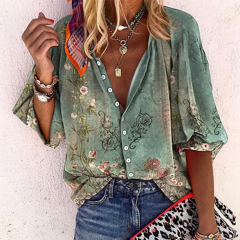 Women's Summer Blouse with Print, Buttons, and Three-Quarter Sleeves