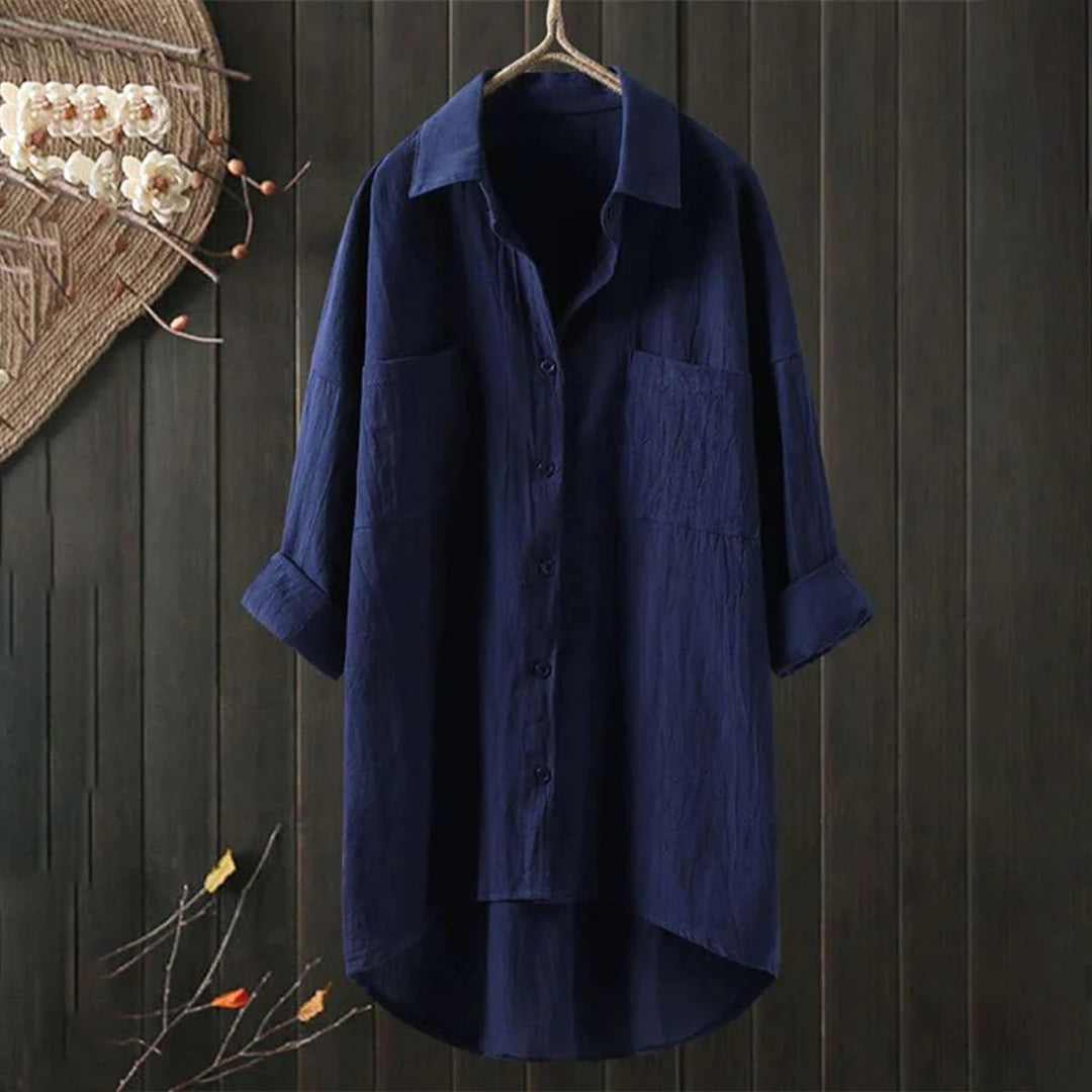 Women's Long Shirt with Front Pockets and Loose Fit