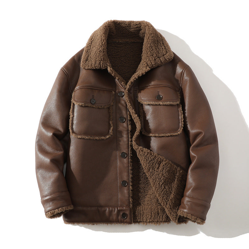 Men's Faux-Leather Sherpa-Lined Trucker Jacket, Button-Front Winter Coat