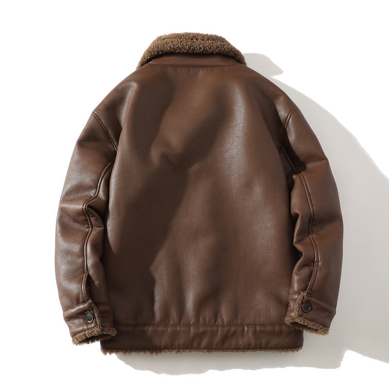 Men's Faux-Leather Sherpa-Lined Trucker Jacket, Button-Front Winter Coat