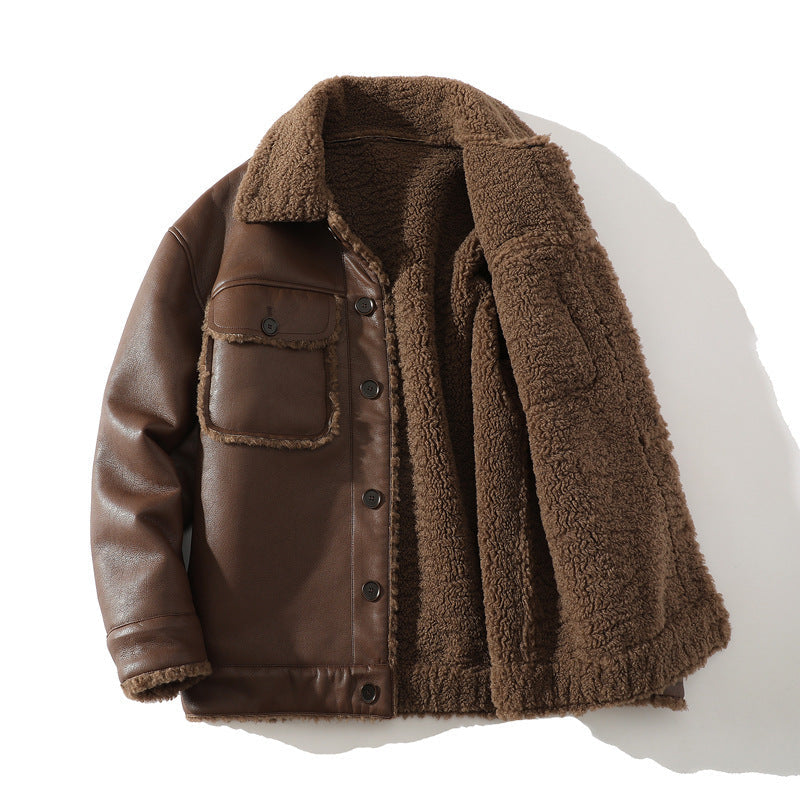 Men's Faux-Leather Sherpa-Lined Trucker Jacket, Button-Front Winter Coat