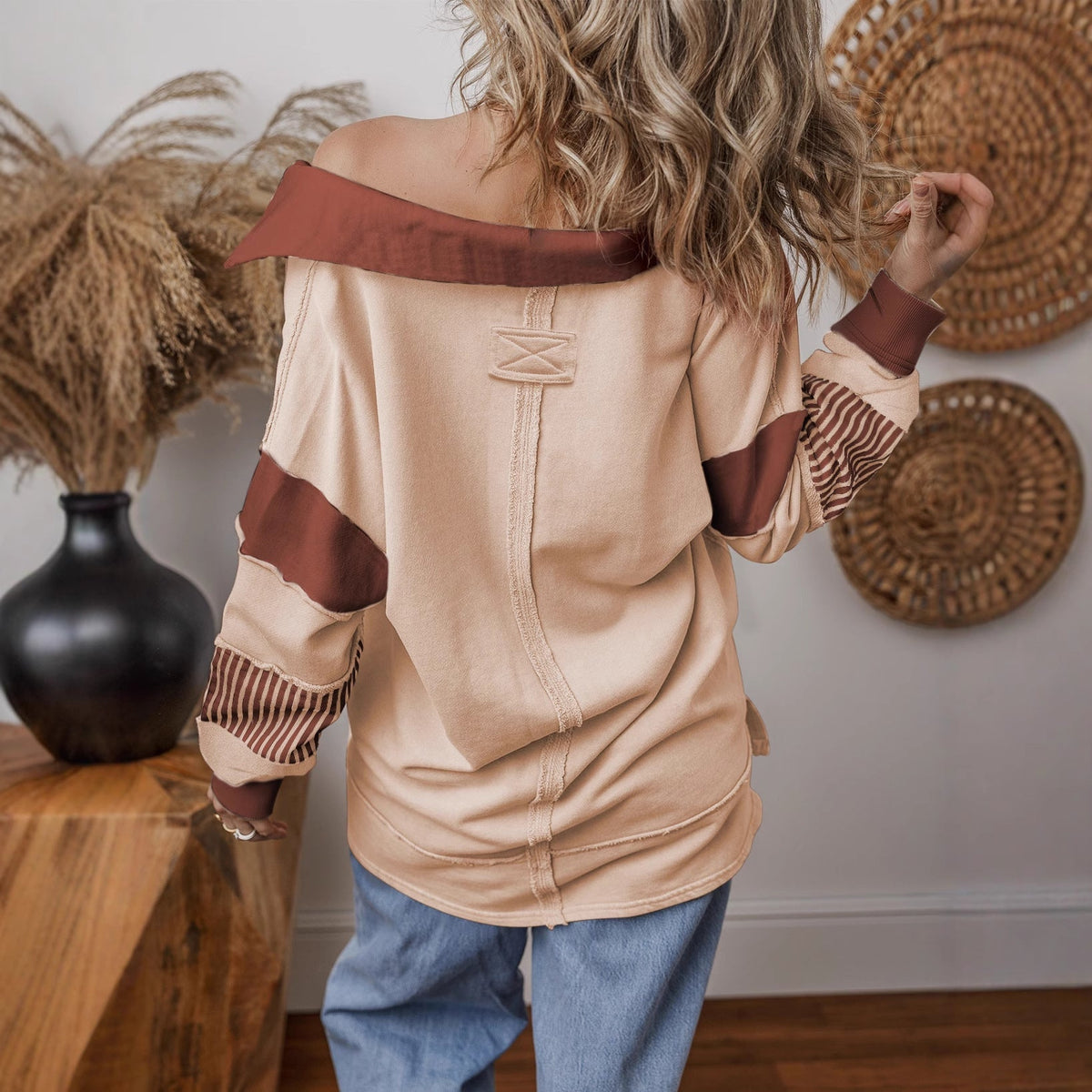Aurelie Striped V-Neck Color Block Sweatshirt