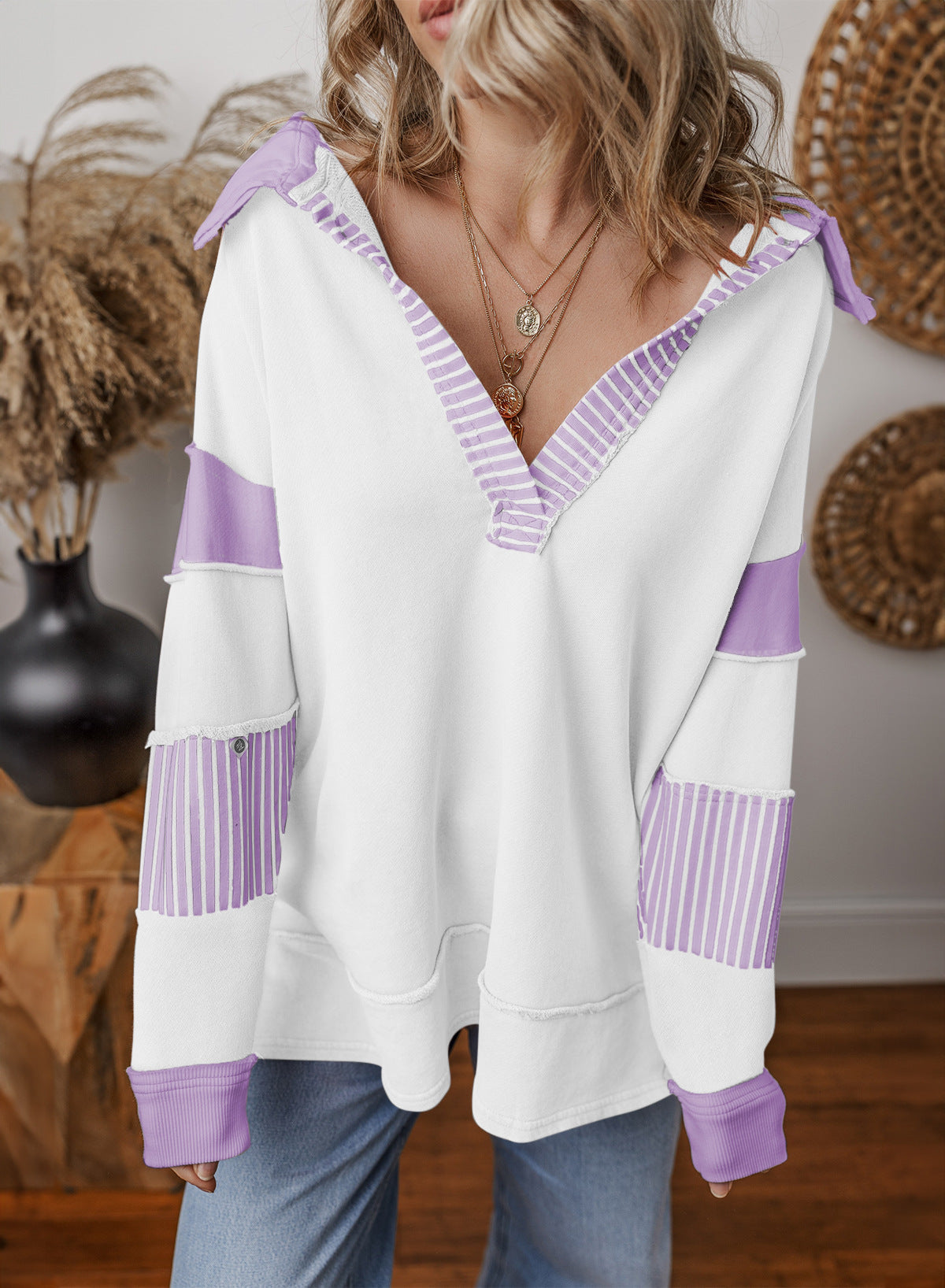 Aurelie Striped V-Neck Color Block Sweatshirt