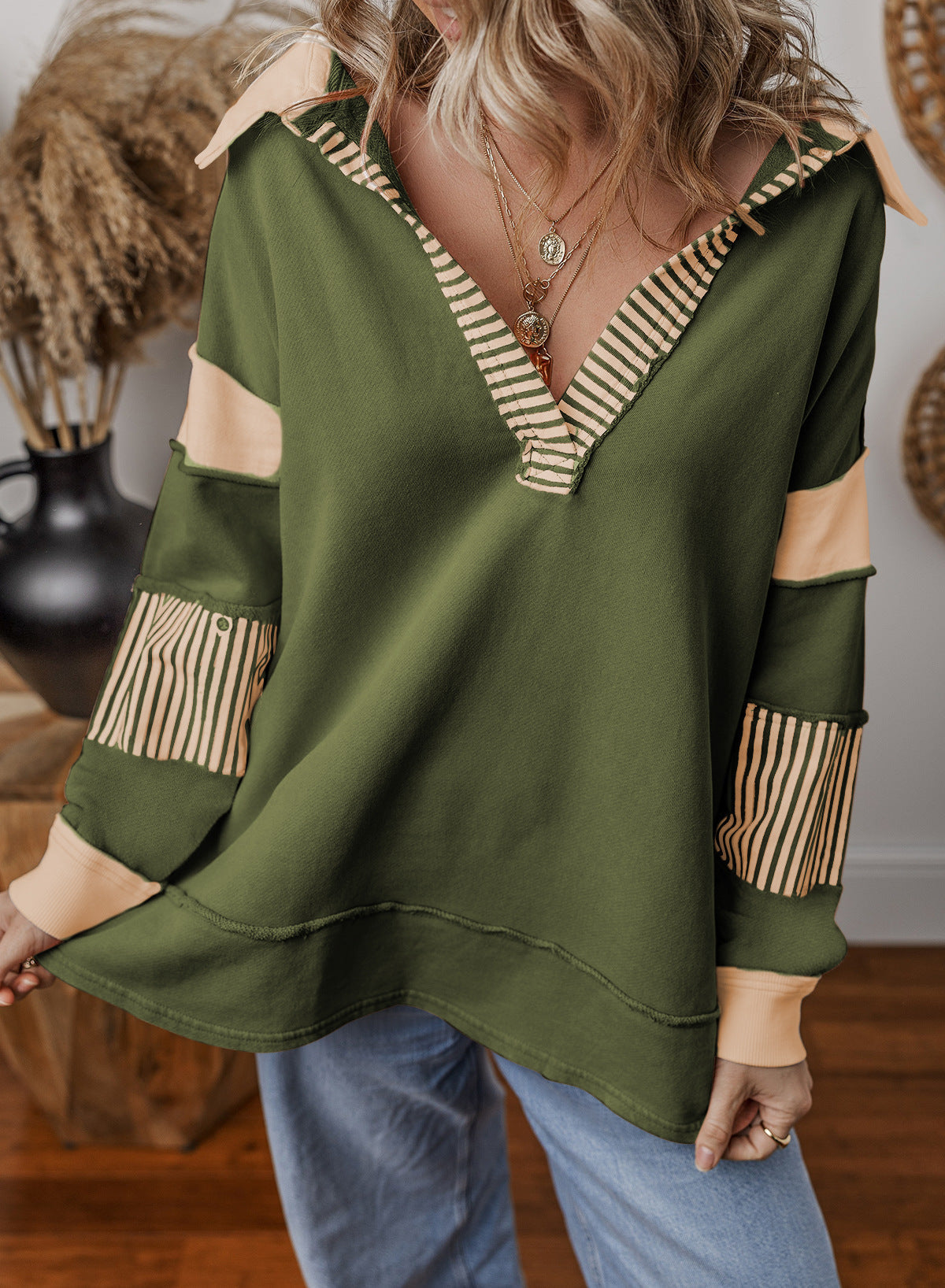 Aurelie Striped V-Neck Color Block Sweatshirt