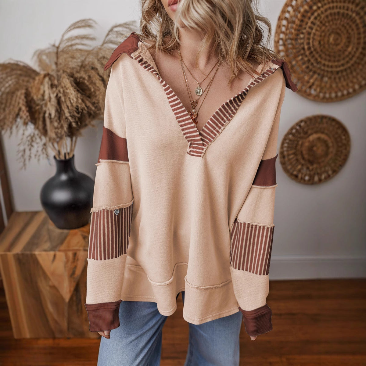 Aurelie Striped V-Neck Color Block Sweatshirt