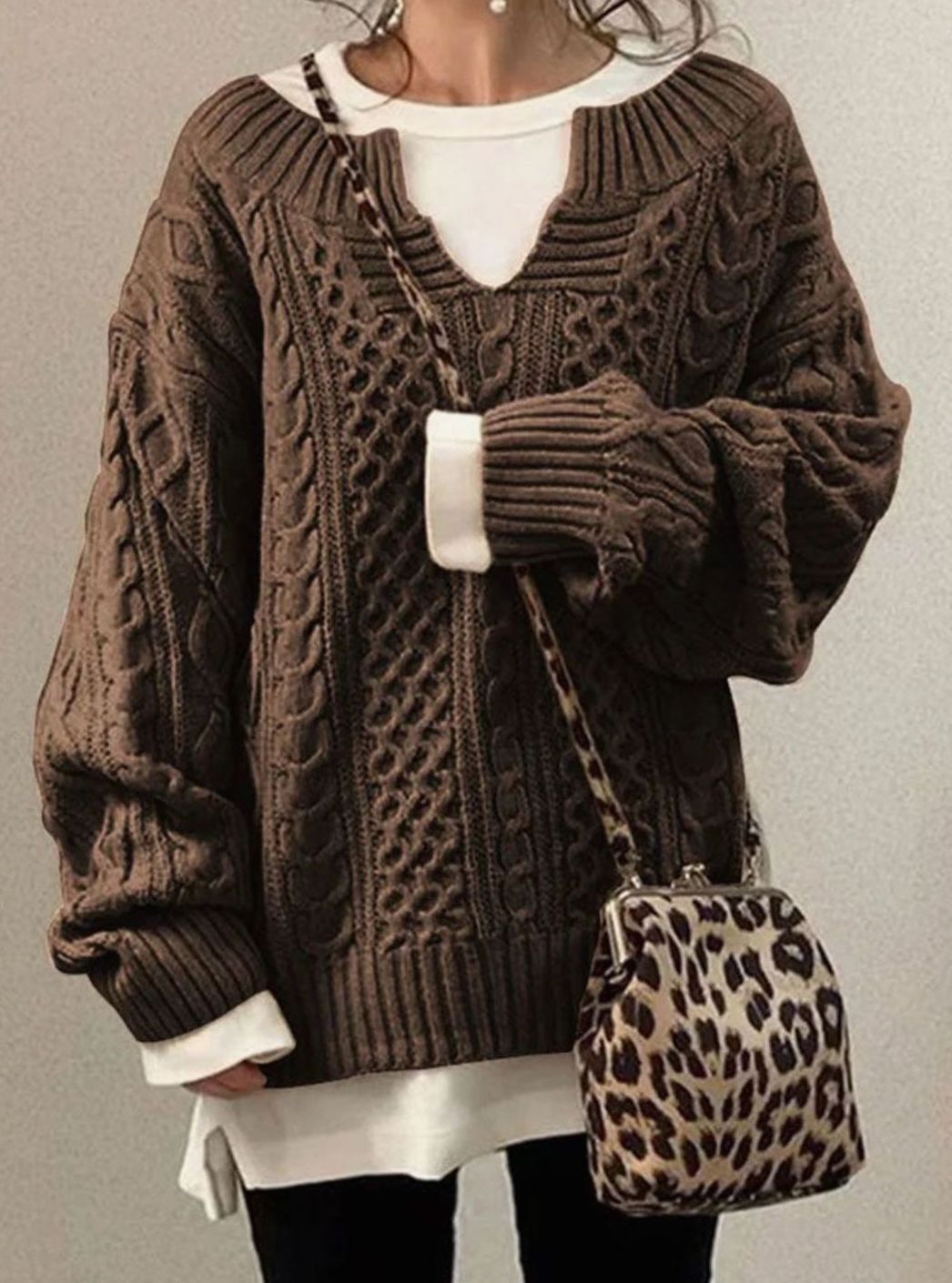 Senna-Sage Oversized Cable V-Neck Sweater