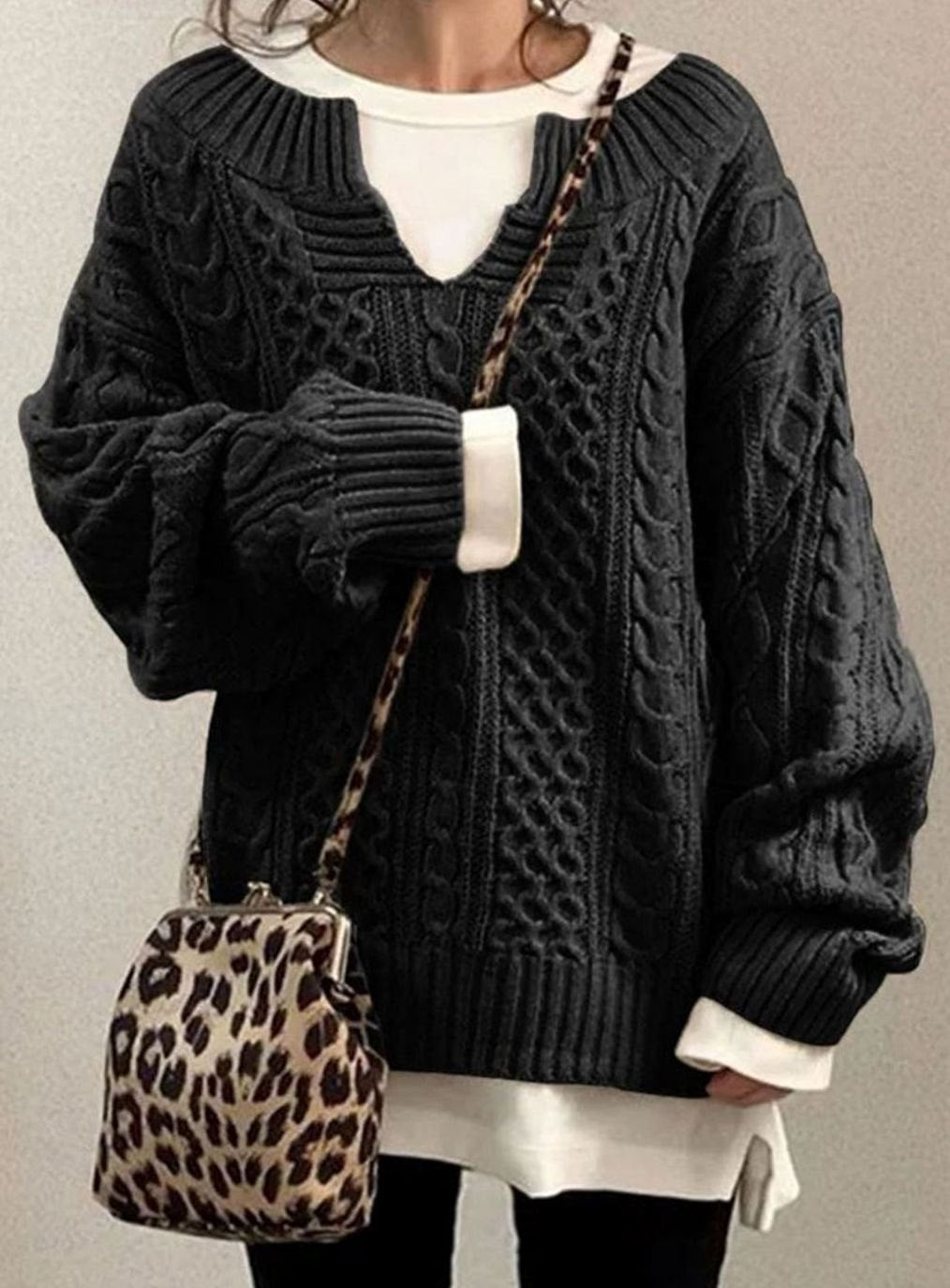 Senna-Sage Oversized Cable V-Neck Sweater