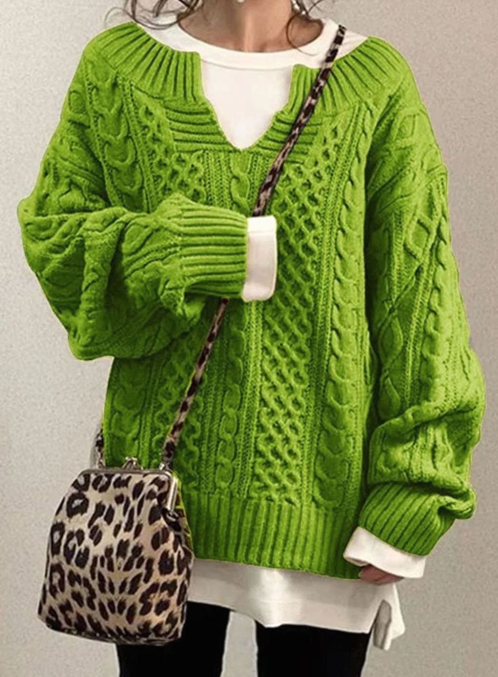 Senna-Sage Oversized Cable V-Neck Sweater