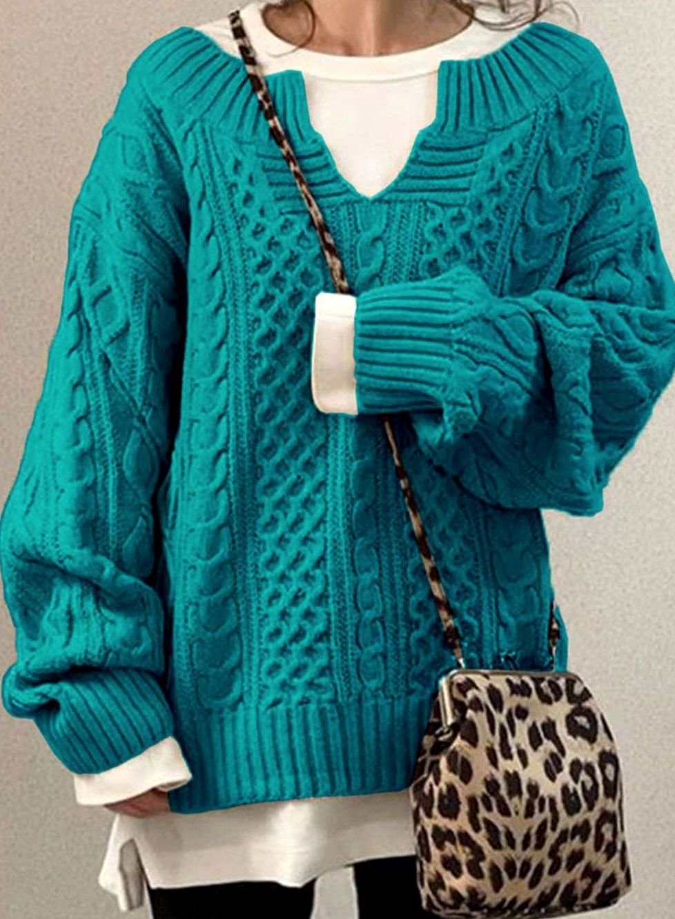 Senna-Sage Oversized Cable V-Neck Sweater