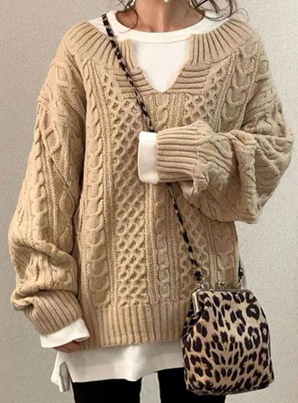 Senna-Sage Oversized Cable V-Neck Sweater