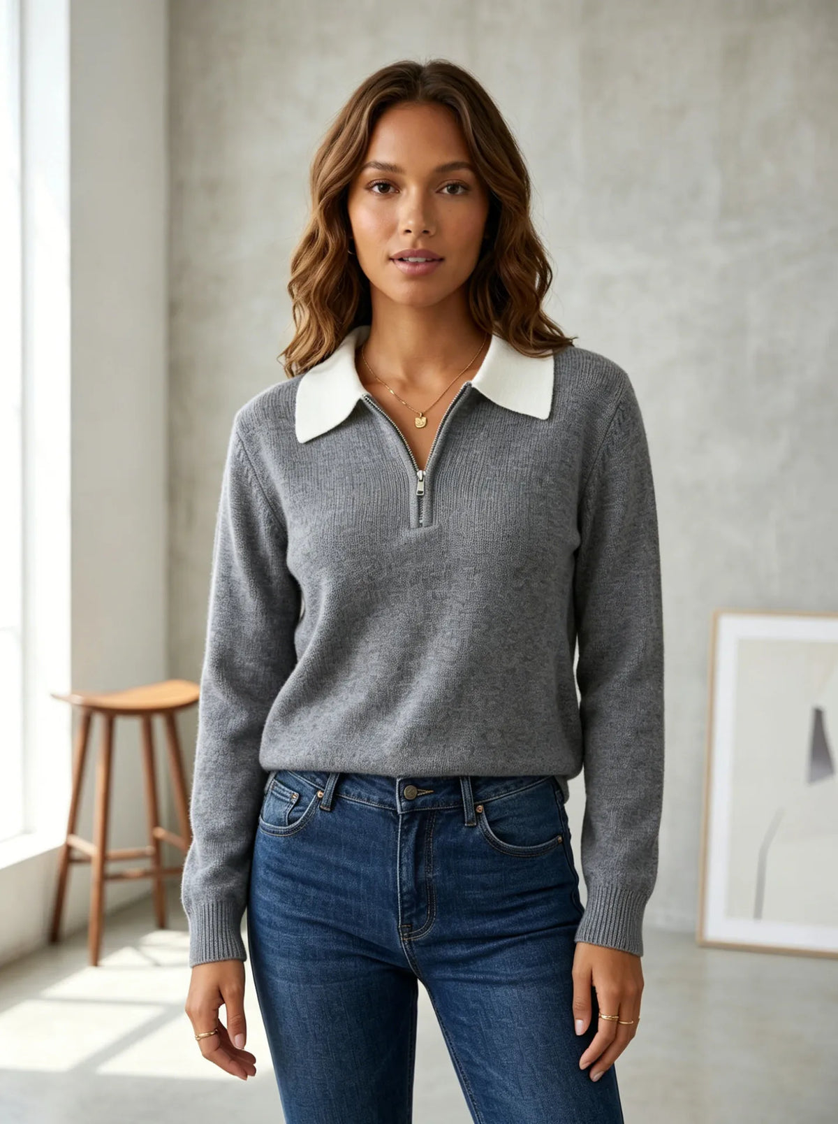 Gia Contrast Collar Quarter-Zip Sweater