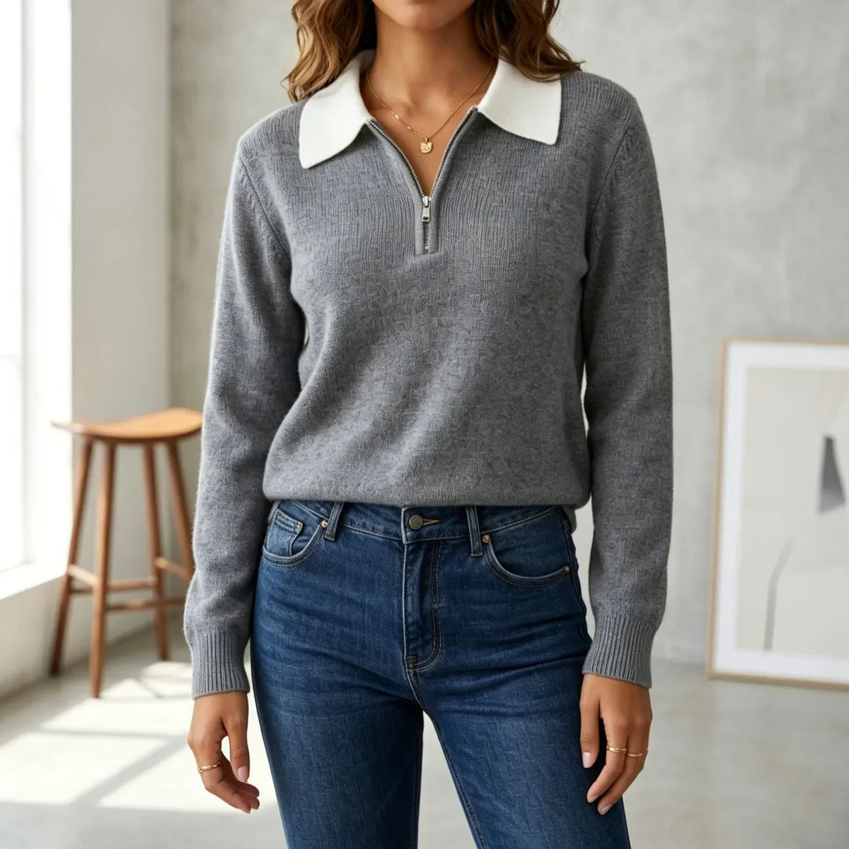 Gia Contrast Collar Quarter-Zip Sweater