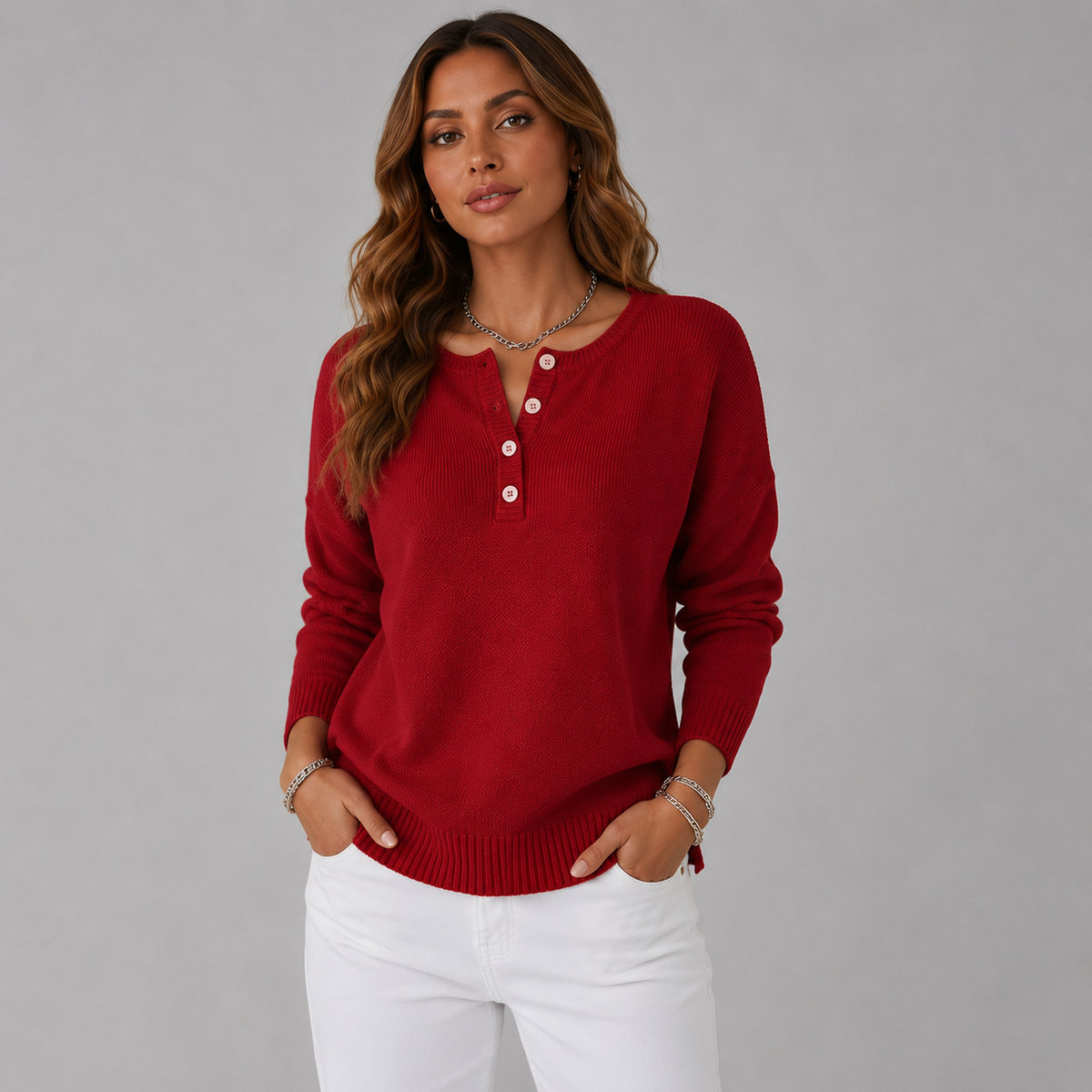 Wren-Claire Henley Button Knit Sweater