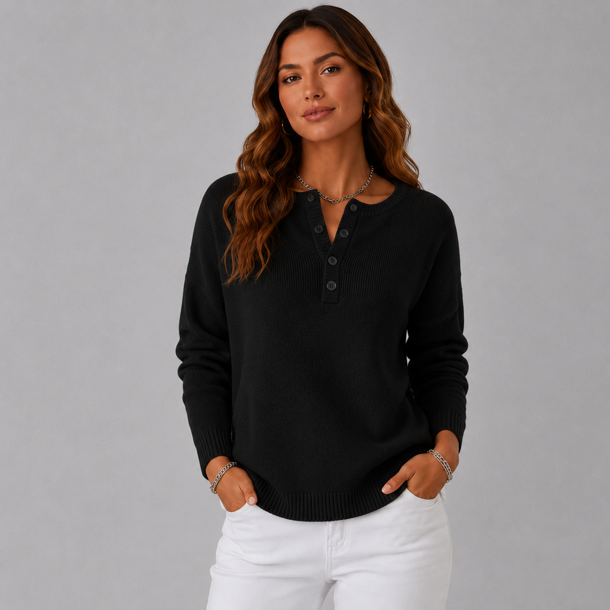 Wren-Claire Henley Button Knit Sweater