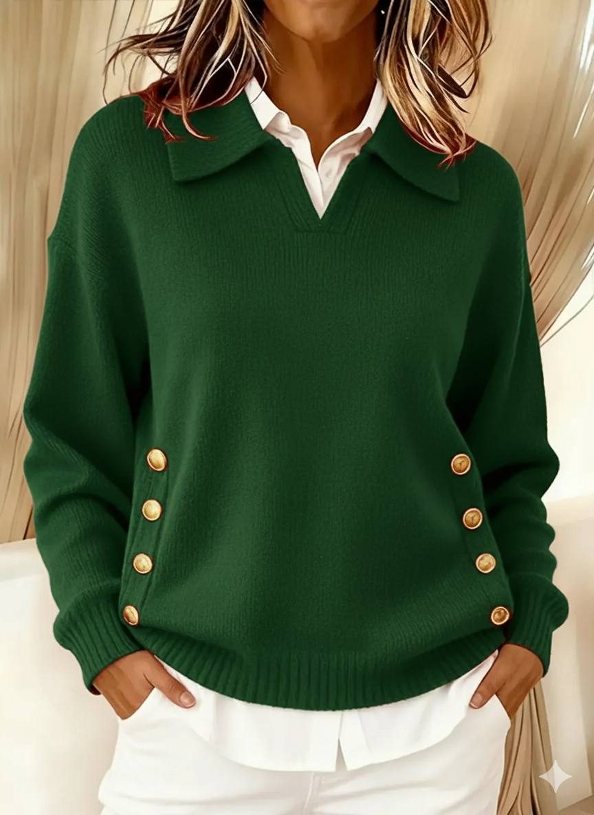 Poppy-Joy Polo Collar Gold Button Sweater