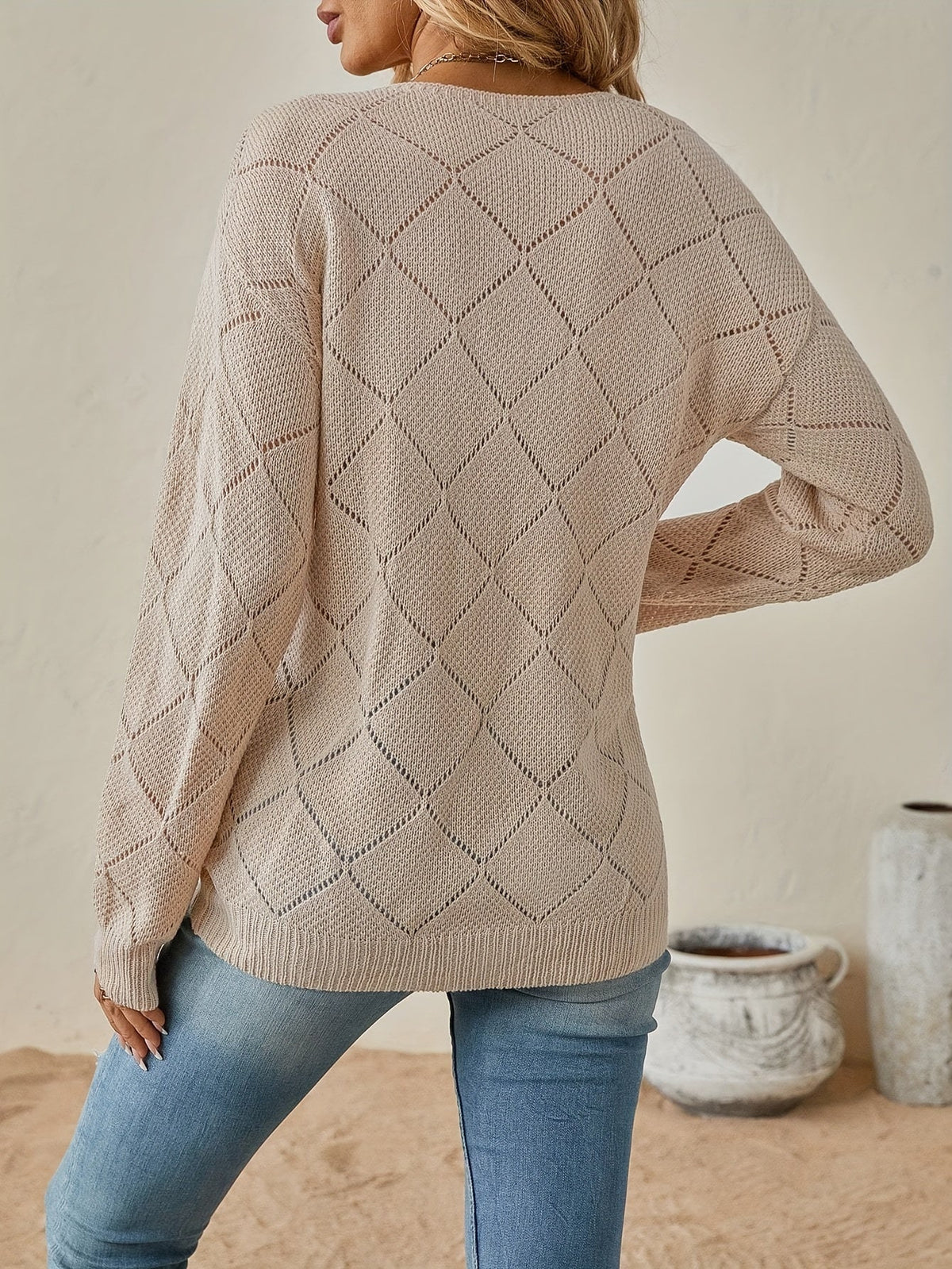 Dalia Diamond Pointelle V-Neck Sweater