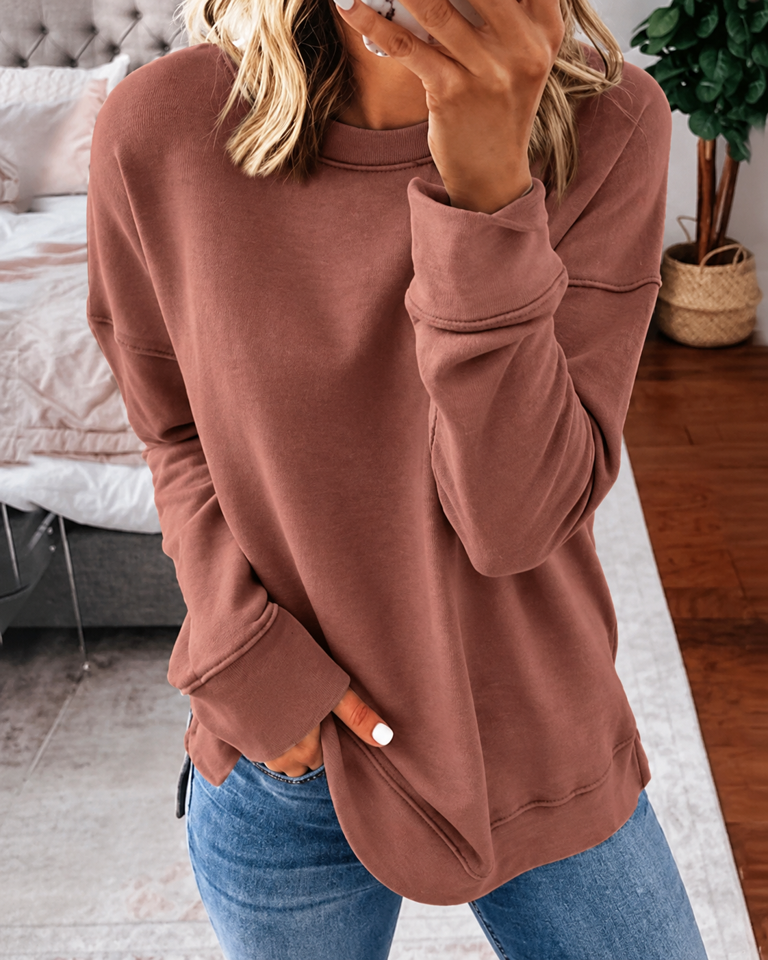 Louisa-Belle Side Slit Crewneck Sweatshirt