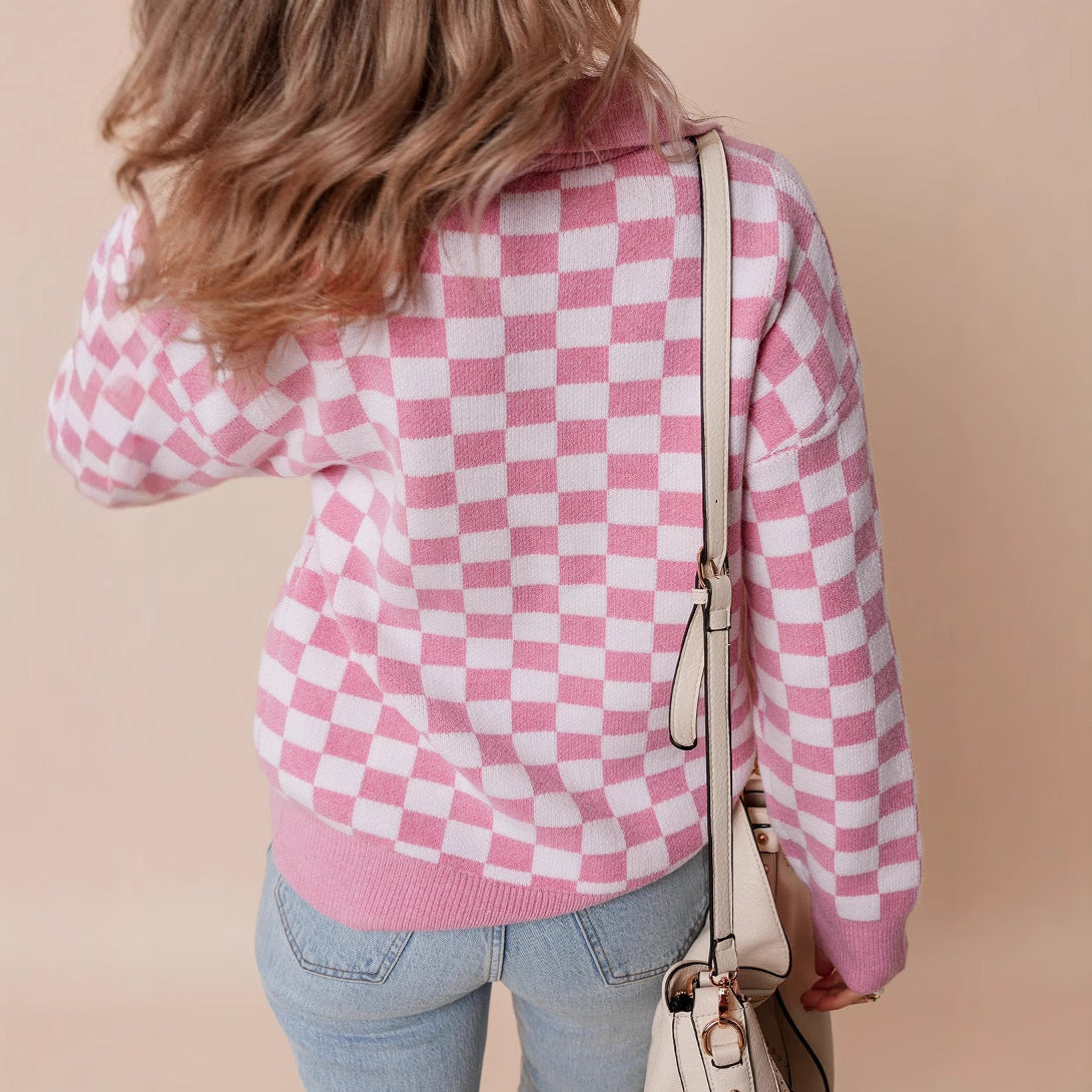 Odette-Sage Retro Checkerboard Collar Sweater