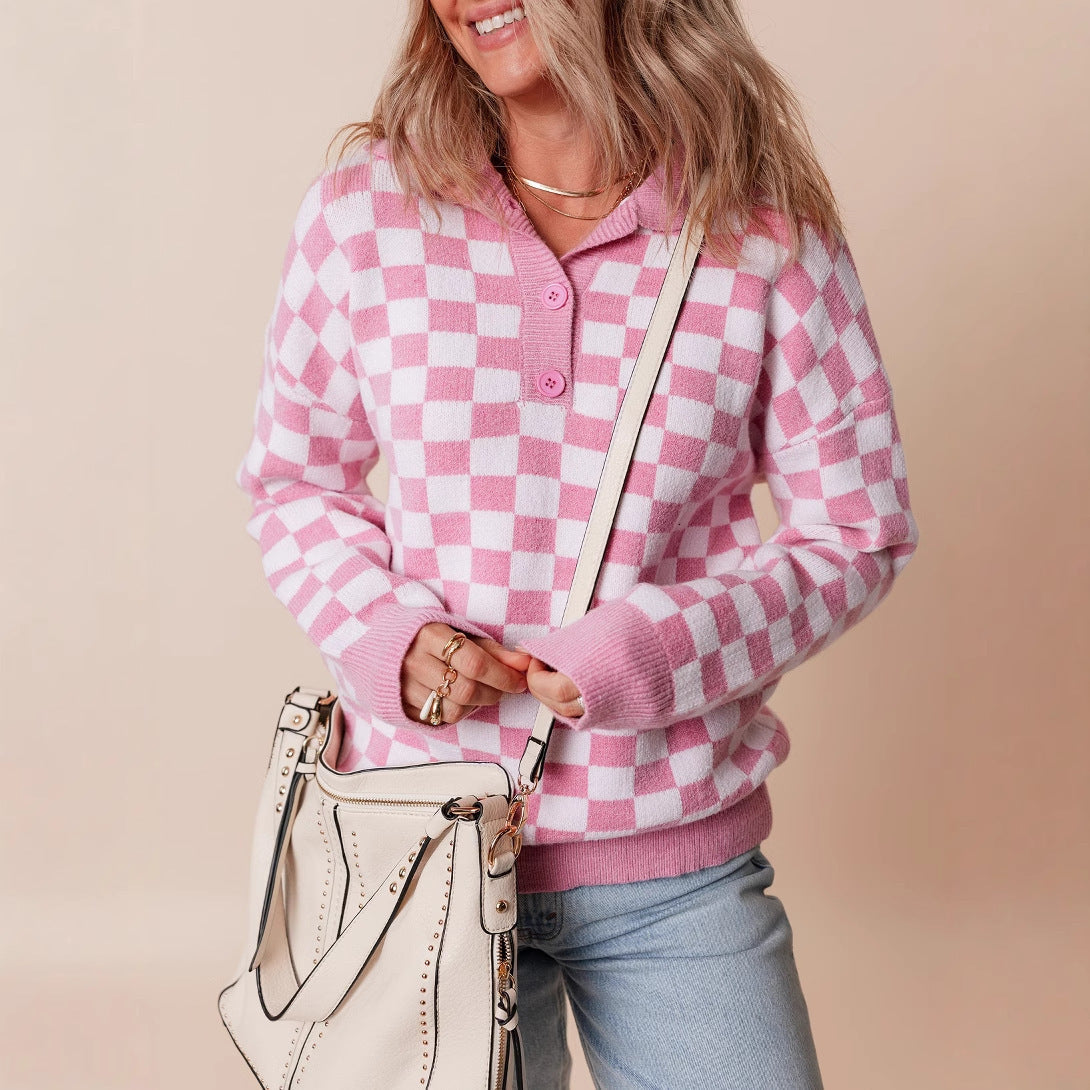 Odette-Sage Retro Checkerboard Collar Sweater
