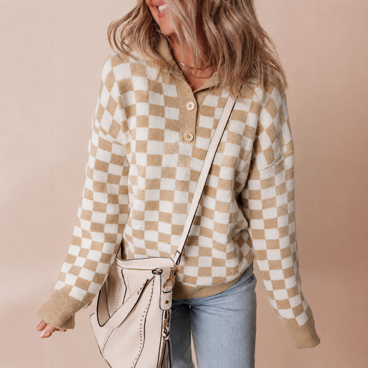 Odette-Sage Retro Checkerboard Collar Sweater