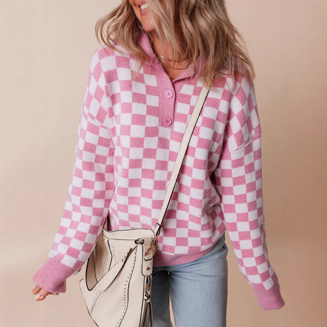 Odette-Sage Retro Checkerboard Collar Sweater