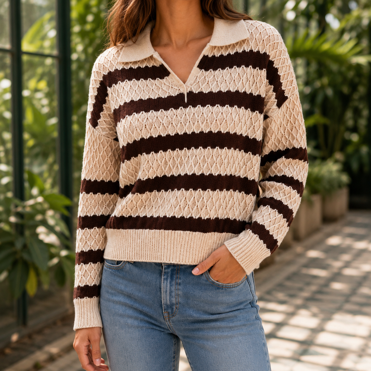 Josie-Hope Retro Stripe Open Collar Sweater