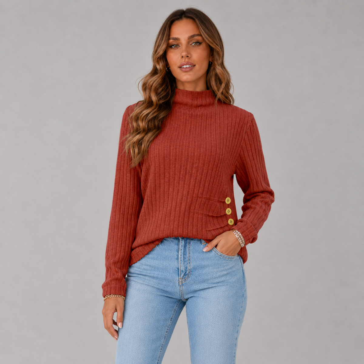 Wilhelmina-Belle Side Button Rib Turtleneck