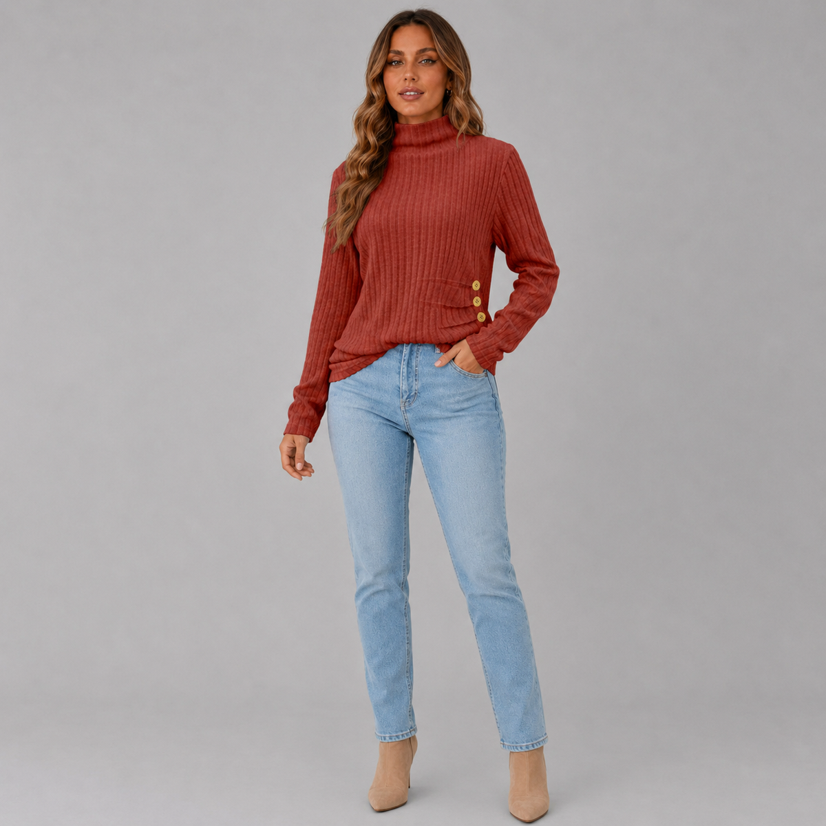 Wilhelmina-Belle Side Button Rib Turtleneck