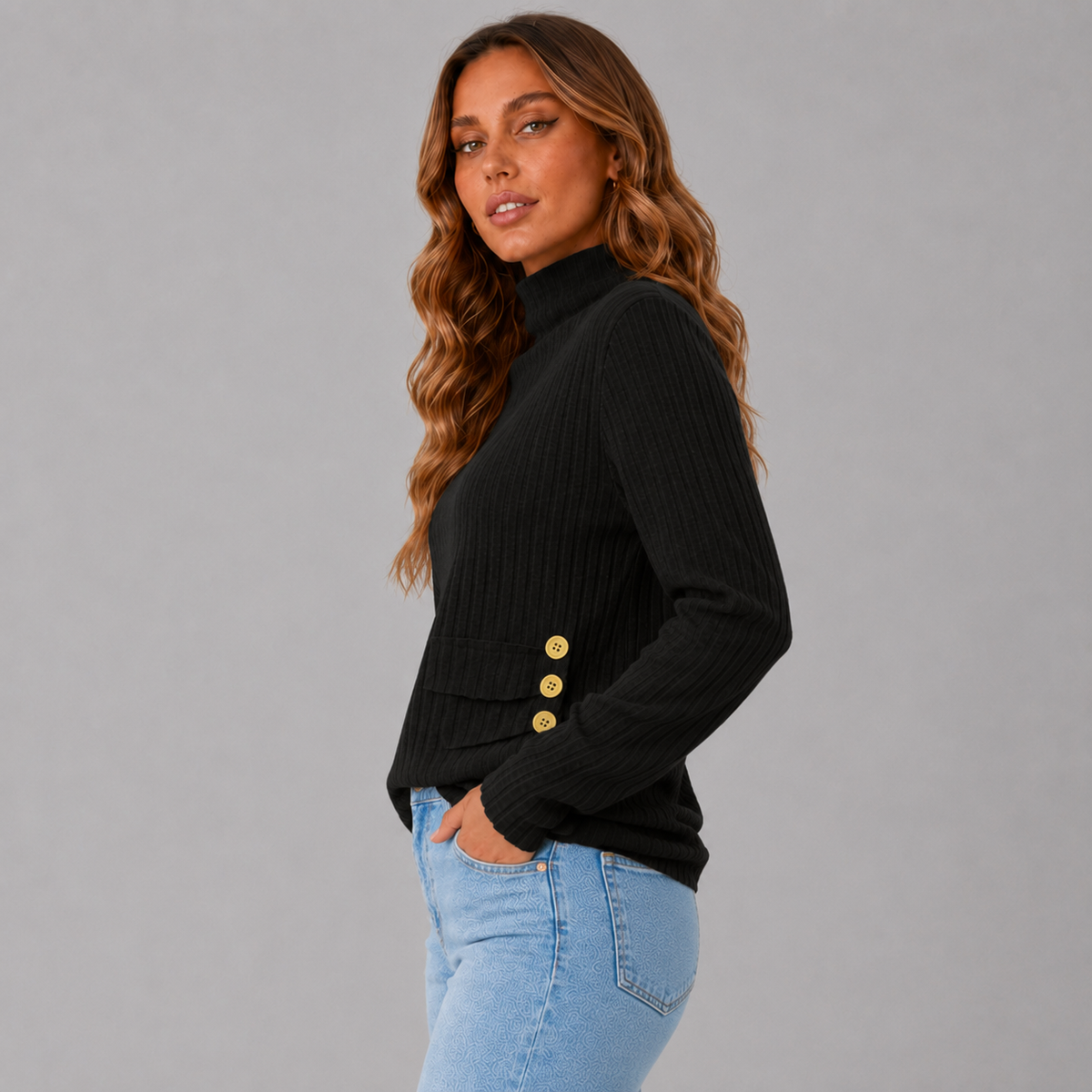 Wilhelmina-Belle Side Button Rib Turtleneck