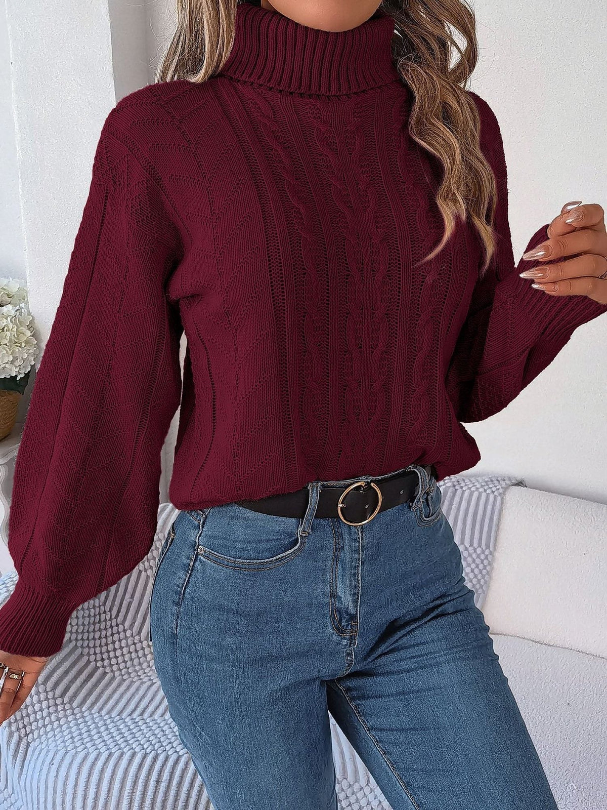 Gilda Cable Turtleneck Puff Sleeve Sweater