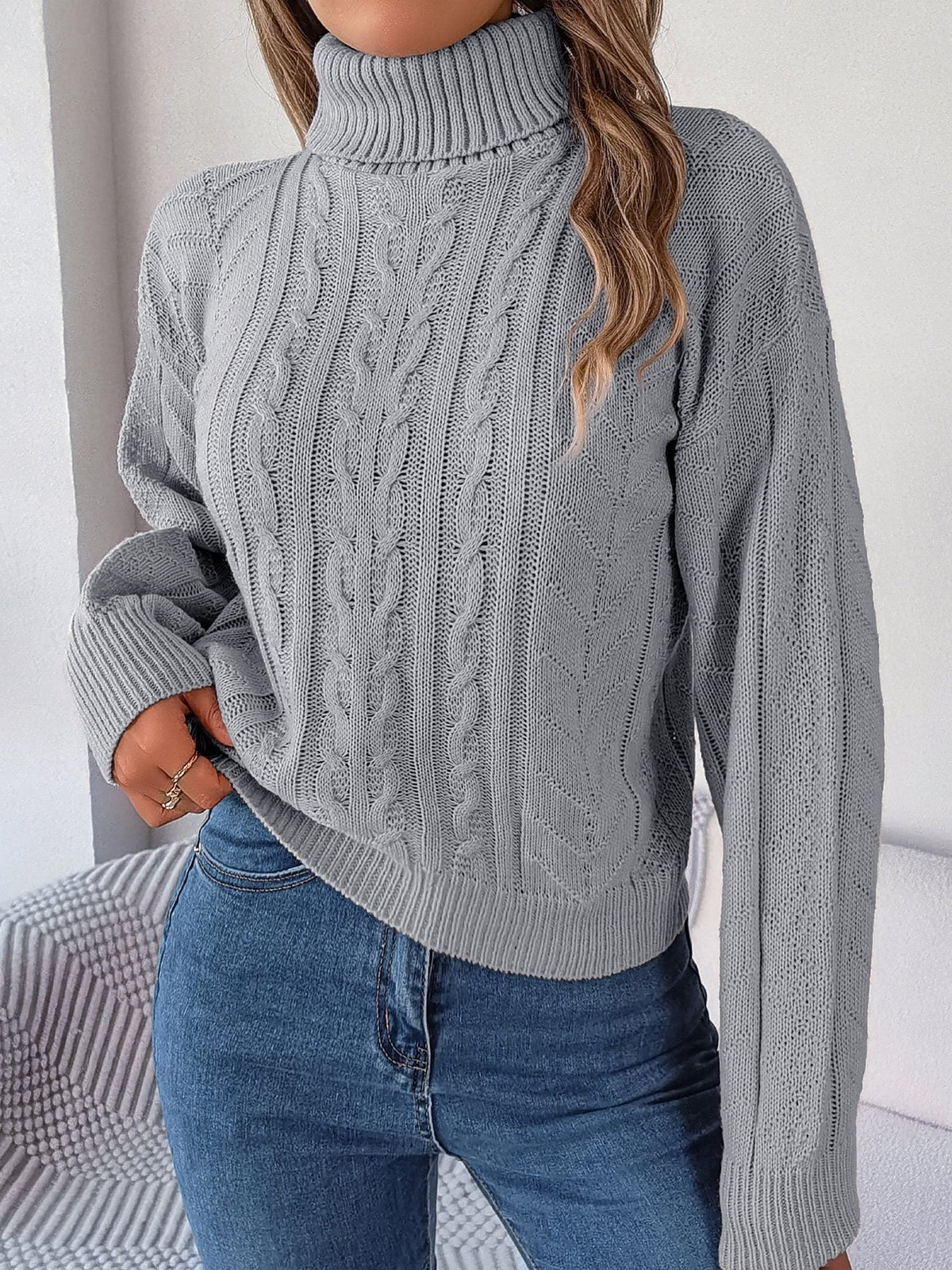 Gilda Cable Turtleneck Puff Sleeve Sweater