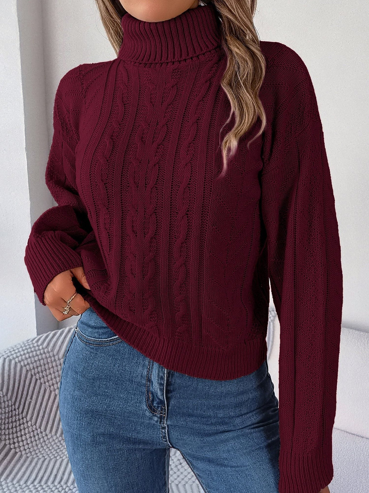 Gilda Cable Turtleneck Puff Sleeve Sweater