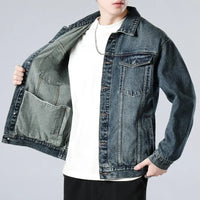 Men's Vintage-Wash Denim Trucker Jacket, Boxy Chest-Pocket Coat