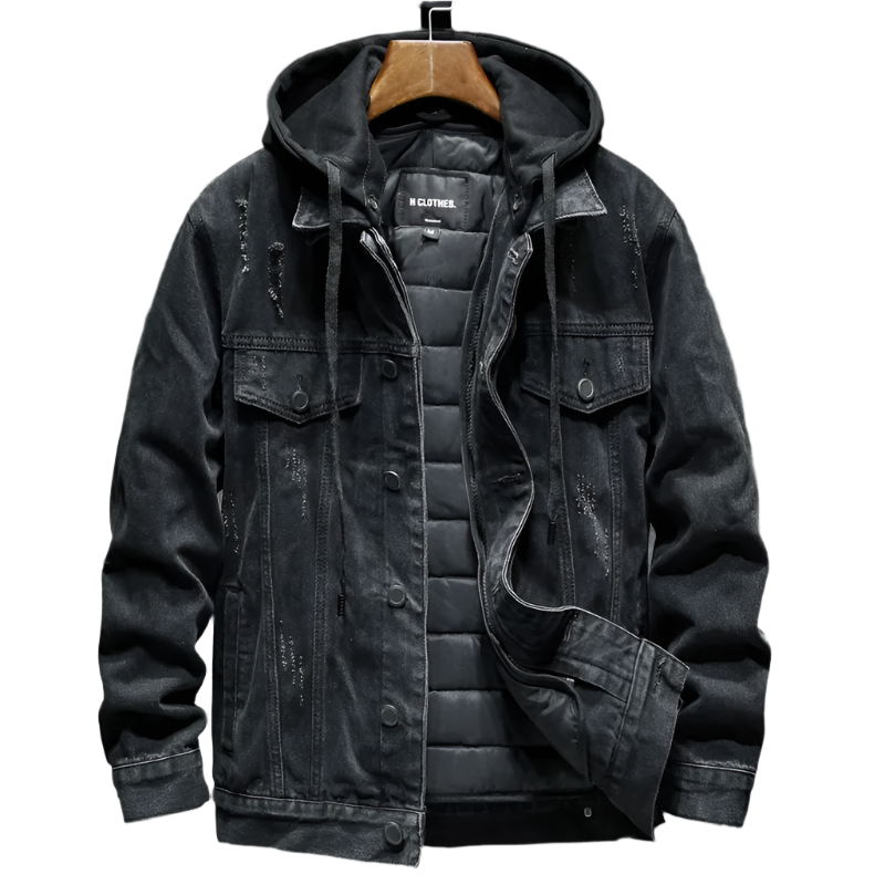 Men's Hooded Denim Trucker Jacket, Quilt-Lined Distressed Coat