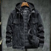 Men's Hooded Denim Trucker Jacket, Quilt-Lined Distressed Coat