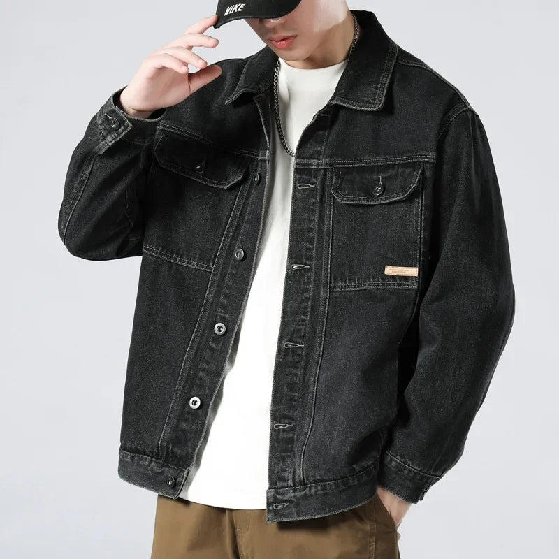 Men's Oversized Denim Trucker Jacket, Contrast-Wash Button Front
