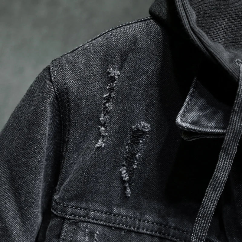 Men's Hooded Denim Trucker Jacket, Quilt-Lined Distressed Coat