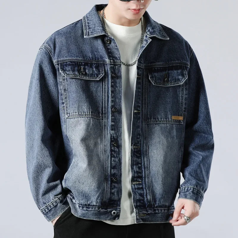 Men's Oversized Denim Trucker Jacket, Contrast-Wash Button Front