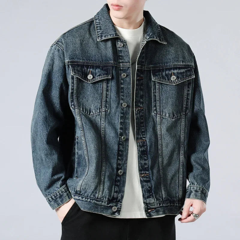 Men's Vintage-Wash Denim Trucker Jacket, Boxy Chest-Pocket Coat