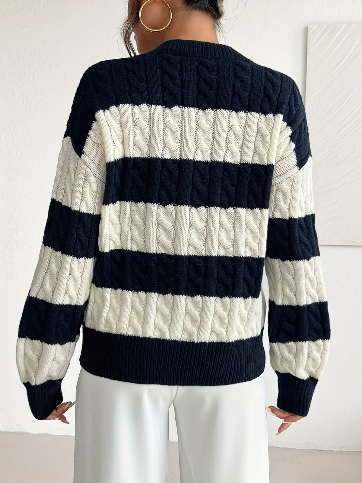 Gia-Joy Striped Cable V-Neck Sweater