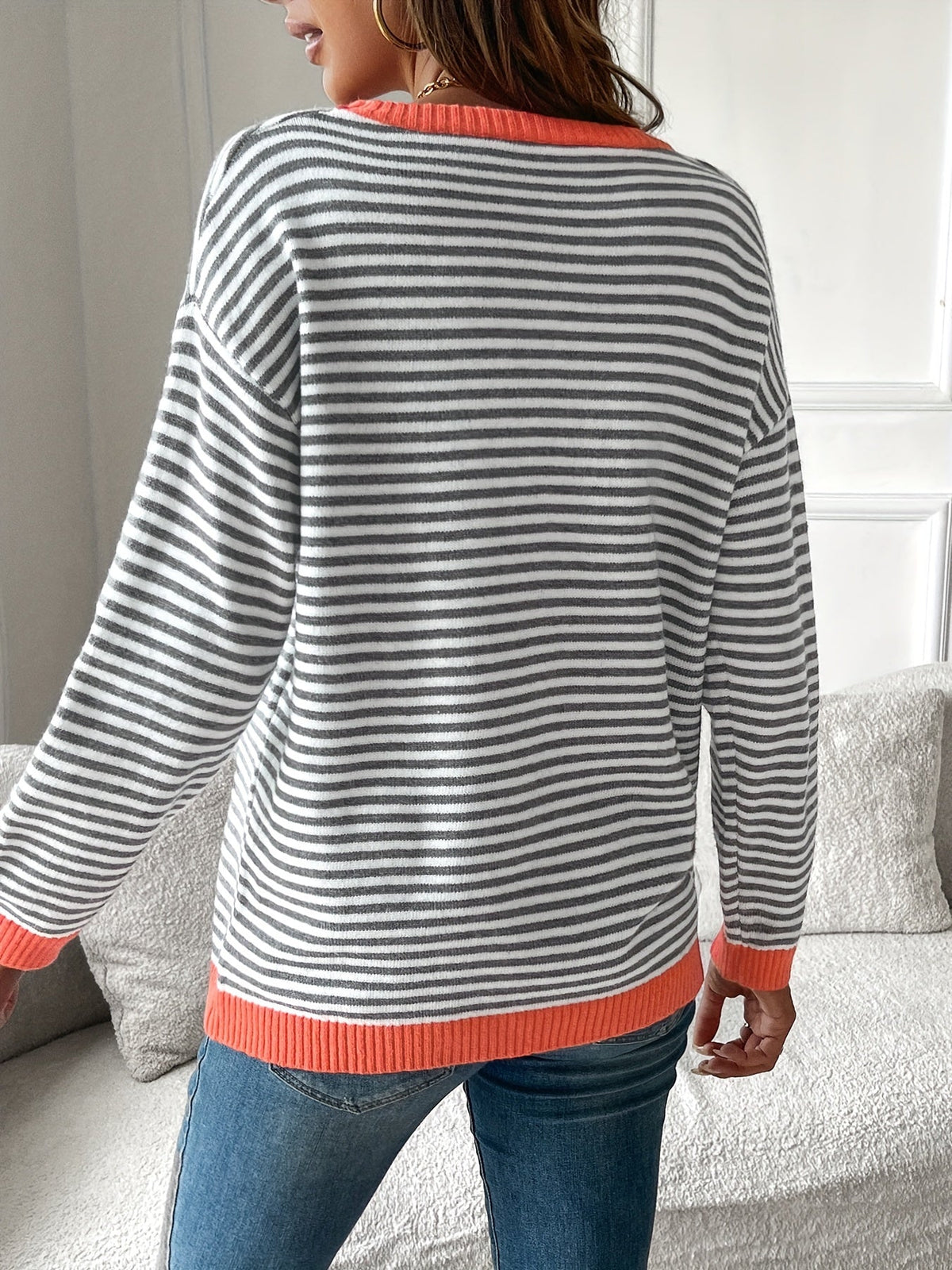 Ariella-Pearl Coral Trim Striped Sweater