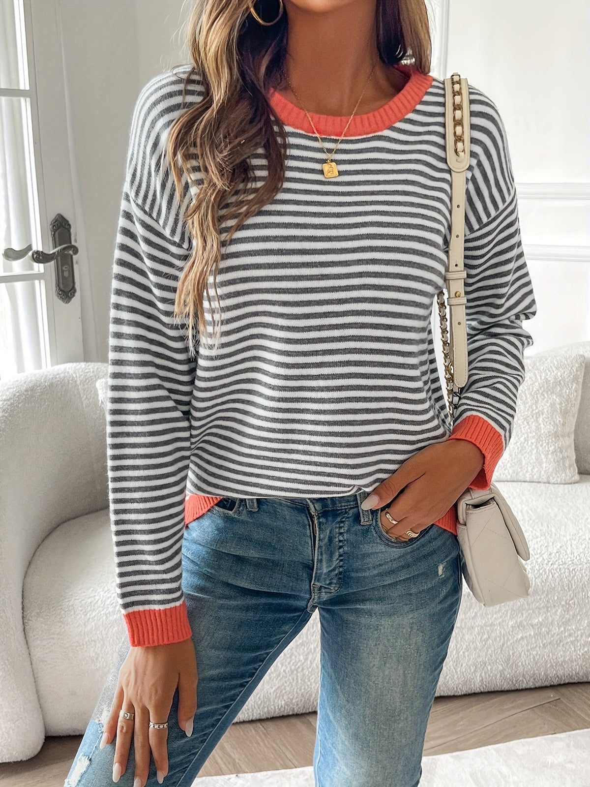 Ariella-Pearl Coral Trim Striped Sweater
