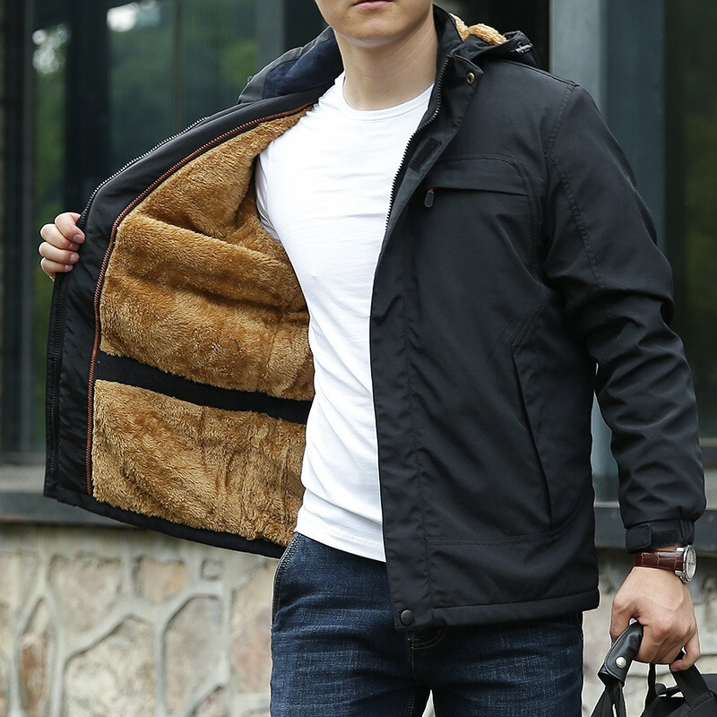 Men's Fleece-Lined Hooded Jacket, Woven Shell with Drawcord Hood