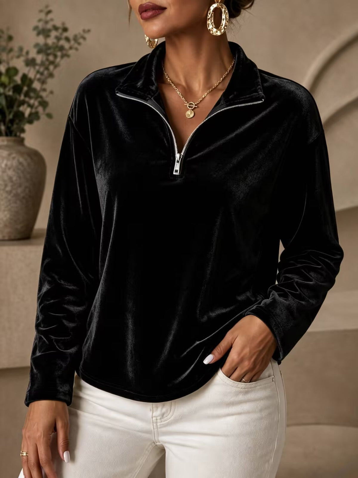 Lyra-June Velvet Half-Zip Top