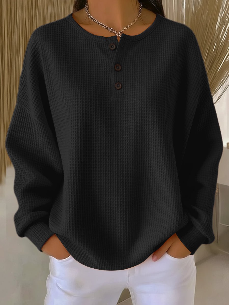 Margo-Hope Waffle Knit Henley Sweatshirt