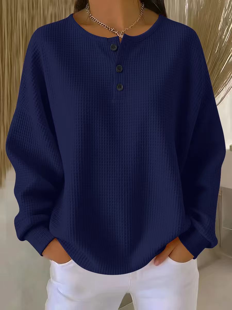 Margo-Hope Waffle Knit Henley Sweatshirt