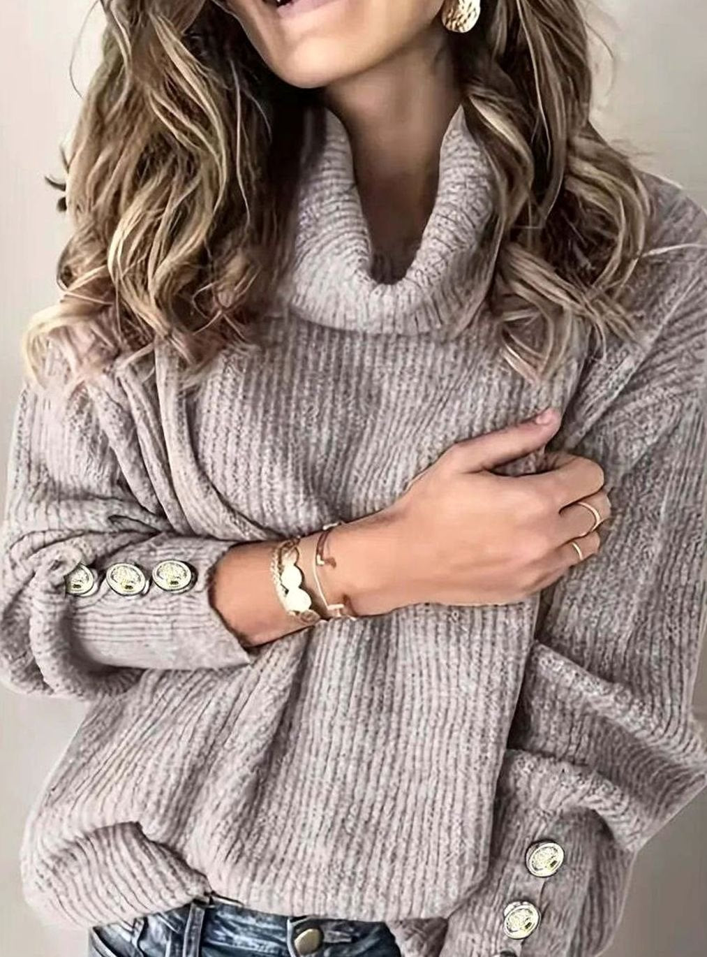 Calliope Folded Turtleneck Button Cuff Sweater