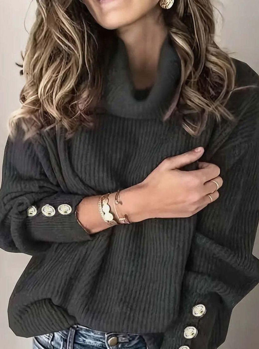 Calliope Folded Turtleneck Button Cuff Sweater